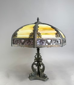 Stained Glass Table Lamp with Bronze Dolphin Base