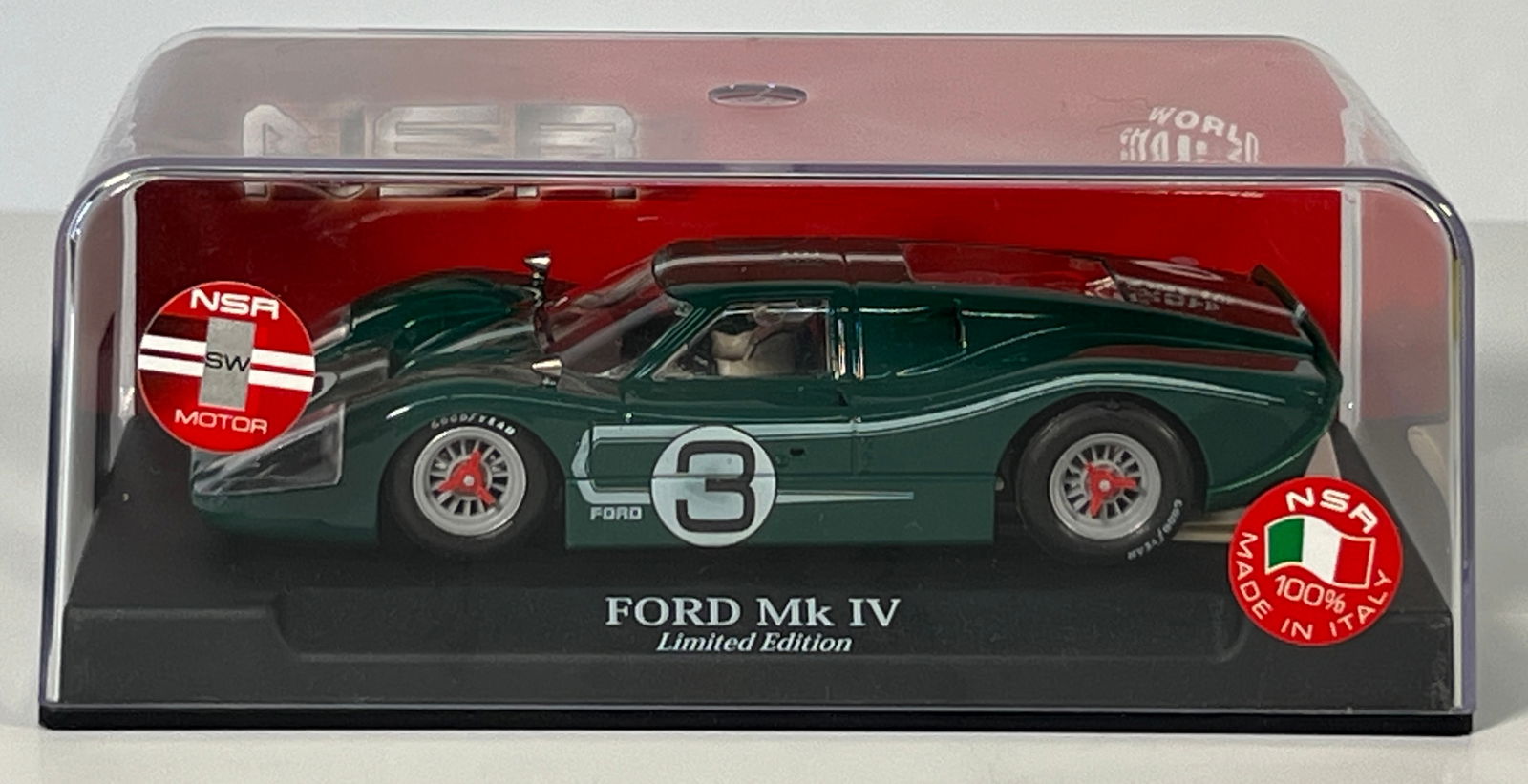 NSR Ford MK IV Limited Edition #3 1/32 Slot Car: NSR Ford MK IV Limited Edition #3 1/32 Slot Car. Reference #1128SW, with original case. Weight: 7 oz. SW Motor.
