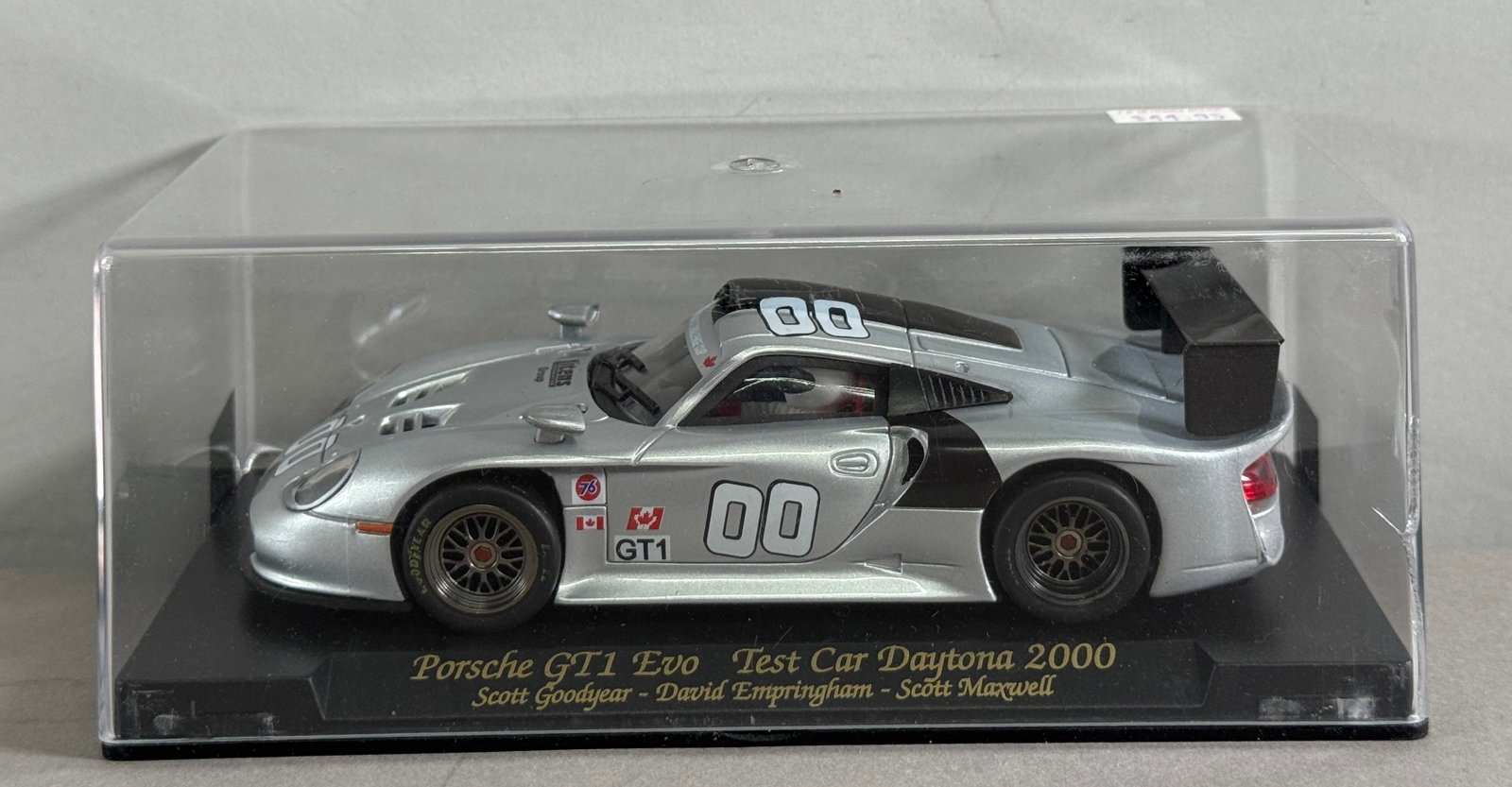 Fly Porsche GT1 Evo Test Car Daytona 2000 #00 1/32 Slot Car: Porsche GT1 Evo Test Car Daytona 2000 Goodyear-Empringham-Maxwell #00 Litens Group 1/32 Slot Car, with original case. 