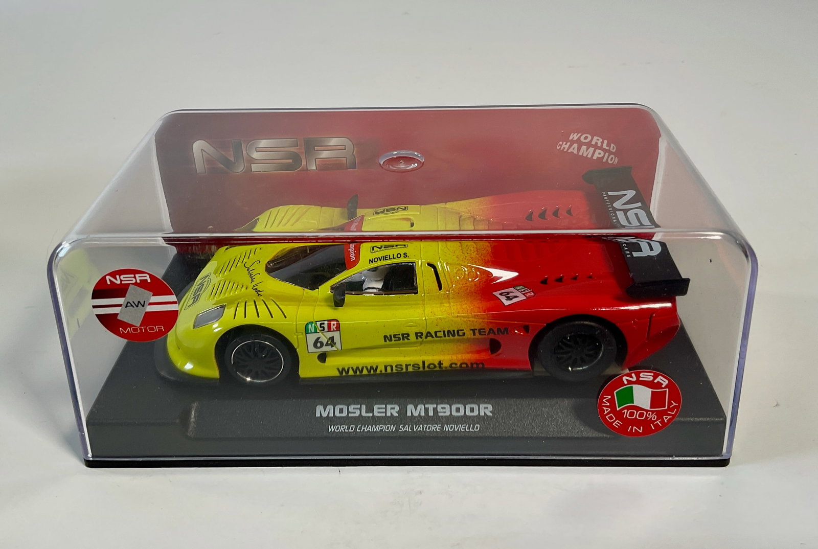 NSR Mosler MT900R #64 1/32 Slot Car: NSR 1171 Mosler EVO4 MT900R World Champion Salvatore Noviello #64 1/32 Slot Car, with original case. Weight: 7.4 oz. AW Motor.