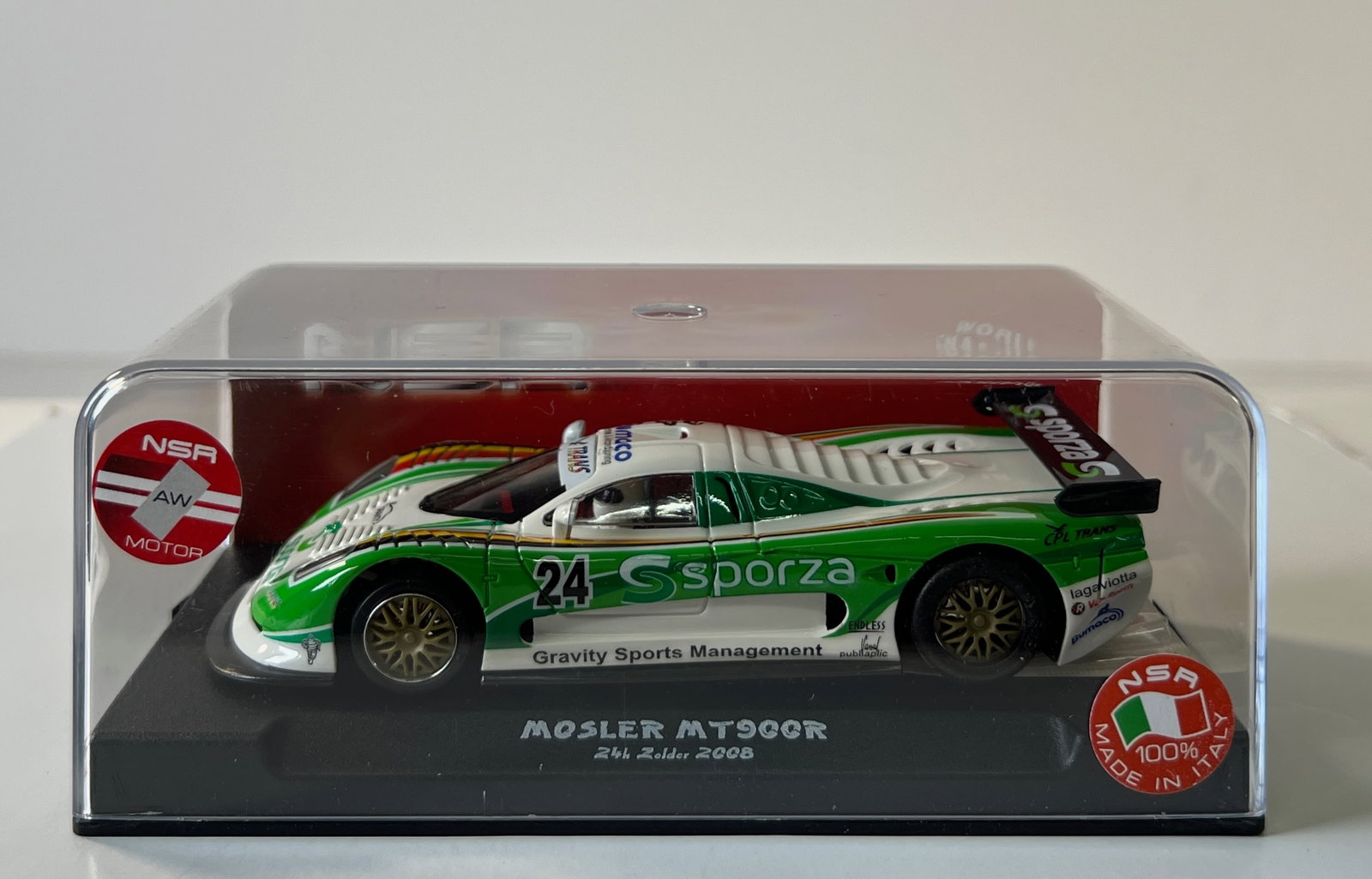 NSR Mosler MT900R #24 1/32 Slot Car: NSR 0080 Mosler EVO 5 MT900R 24h Zolder 2008 #24 Sporza 1/32 Slot Car, with original case. Weight: 7 oz. AW Motor.