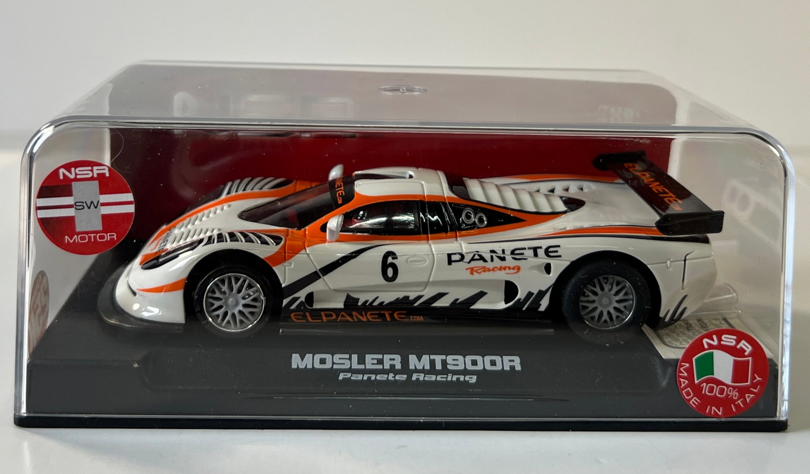 NSR Mosler MT900R #6 1/32 Slot Car: NSR Mosler MT900R Panete Racing #6 1/32 Slot Car, with original case. Weight: 7 oz. SW Motor.