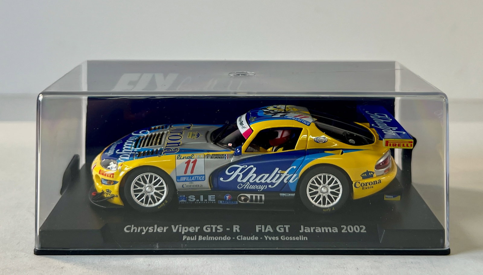 Fly Car Model Chrysler Viper GTS-R FIA GT Jarama 2002 #11 1/32 Slot Car: Fly Car Model Chrysler Viper GTS-R FIA GT Jarama 2002 Belmondo - Claude - Gosselin #11 Corona 1/32 Slot Car A-211. Reference #88220, with original case. Weight: 6 oz.
