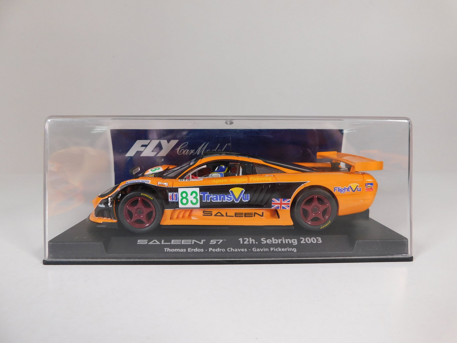 Fly Car Model Saleen S7 12h Sebring 2003 #83 1/32 Slot Car: Fly Car Model Saleen S7 12h Sebring 2003 Erdos-Chaves-Pickering #83 Transvu 1/32 Slot Car. Reference #88054, with original case. Weight: 7.1 oz.