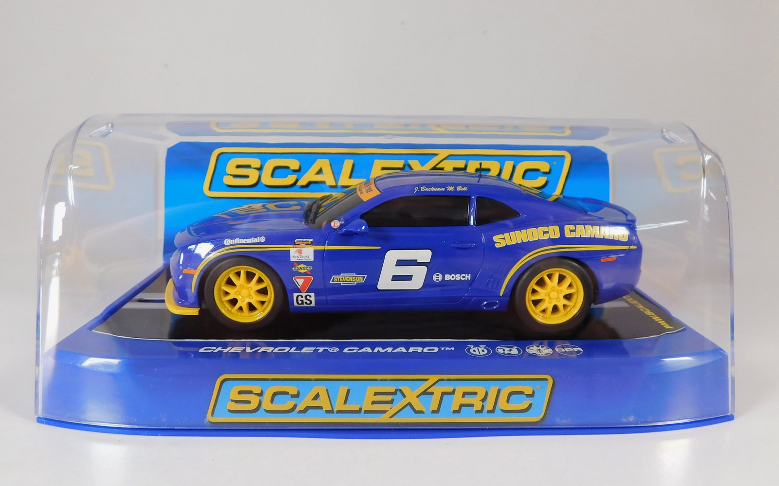 Scalextric Chevrolet Camaro #6 1/32 Slot Car: Scalextric Chevrolet Camaro Stevenson Motorsport Sunoco #6 1/32 Slot Car. Reference #C3258, with original case. Weight: 8.2 oz.