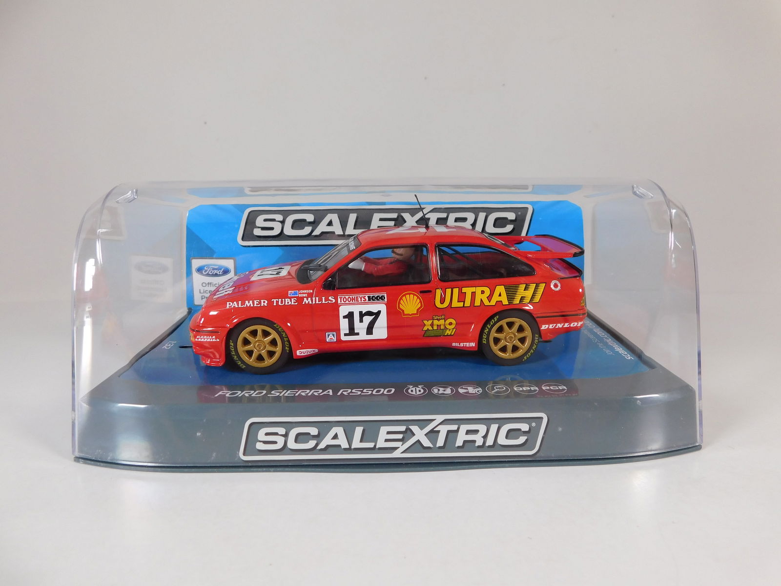 Scalextric Ford Sierra RS500 #17 1/32 Slot Car: Scalextric Ford Sierra RS500 Dick Johnson / John Bowe #17 Shell 1/32 Slot Car. Reference #C3740, with original case. Weight: 7.7 oz.