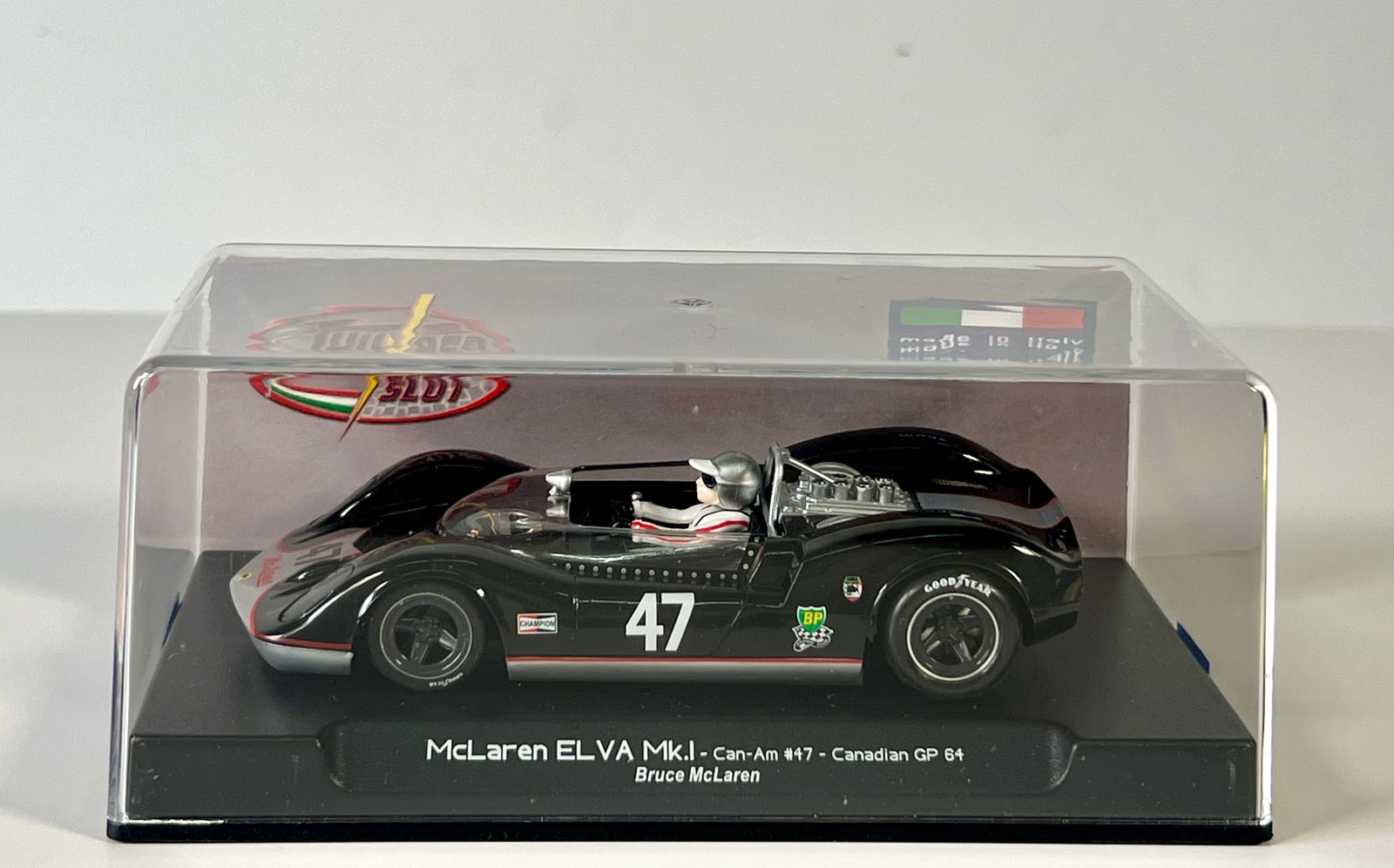 Thunder Slot McLaren ELVA MK1 Can-Am Canadian GP 64 #47 1/32 Slot Car: Thunder Slot McLaren ELVA MK1 Can-Am Canadian GP 64 Bruce McLaren #47 1/32 Slot Car. Reference #CA00401S/W, with original case. Weight: 6 oz. Case length: 6.25 inches.