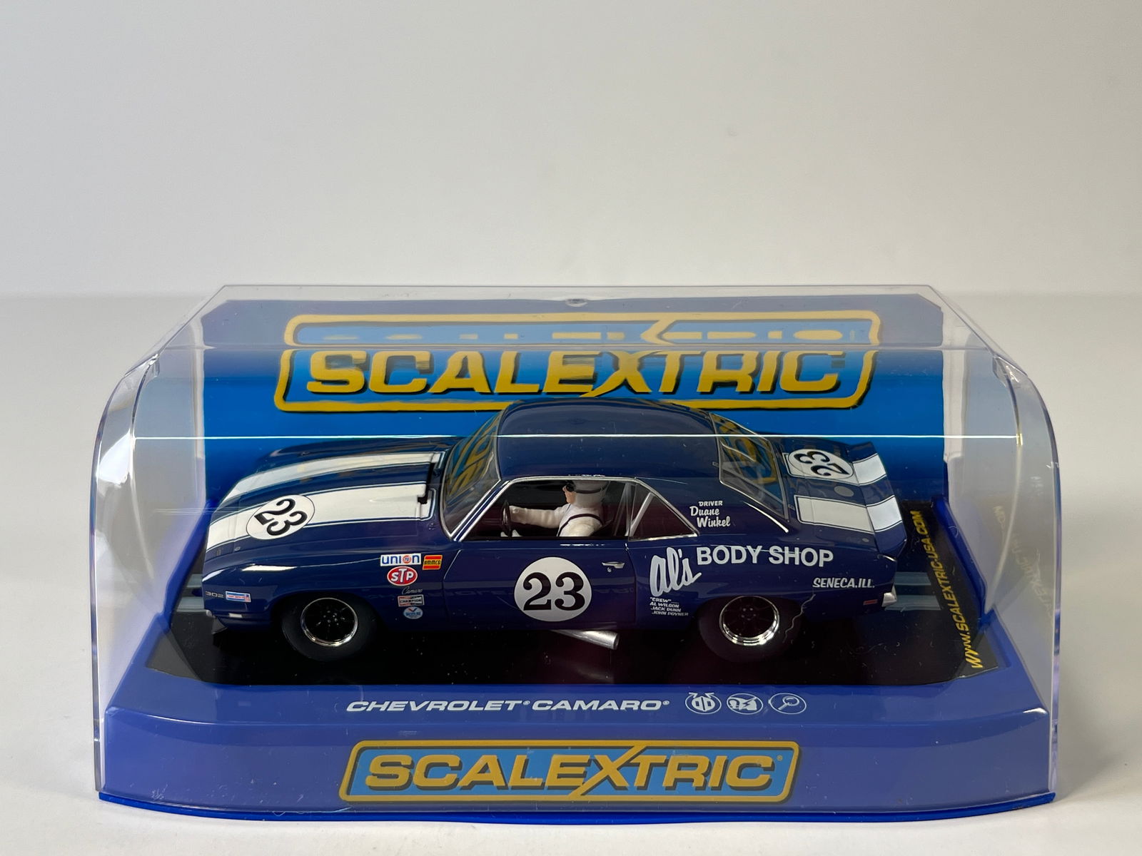 Scalextric Chevrolet Camaro Z/28 #23 1/32 Slot Car: Scalextric Chevrolet Camaro Z/28 Duane Winkel Trans-Am 1968 #23 1/32 Slot Car. Reference #C3532, with original case. Weight: 8 oz.