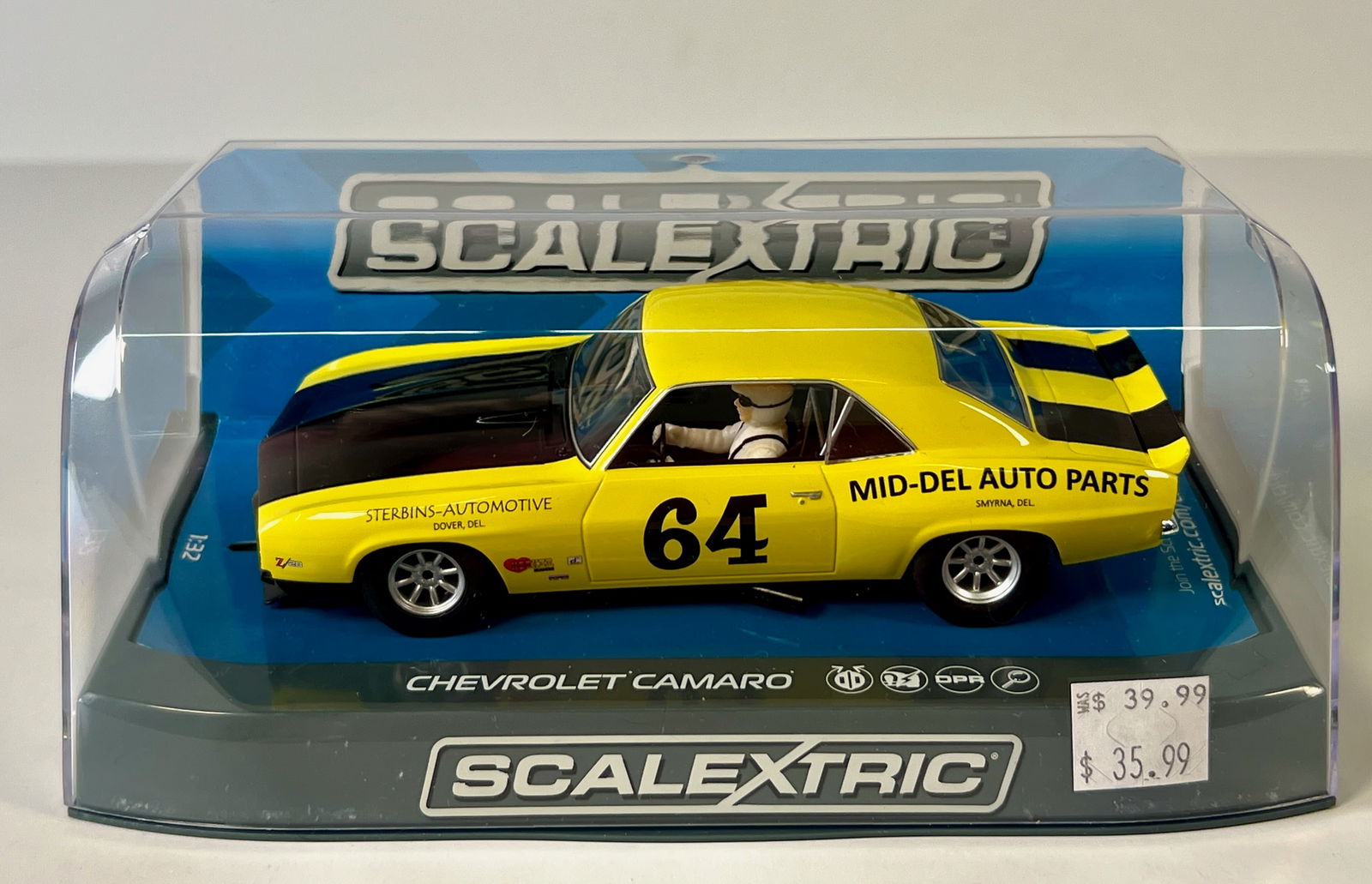 Scalextric Chevrolet Camaro 1969 #64 1/32 Slot Car: Scalextric Chevrolet Camaro 1969 Trans Am Rolex Monterey Motorsports Reunion 2012 Chad Raynal #64 1/32 Slot Car. Reference #C3724, with original case. Weight: 9 oz.