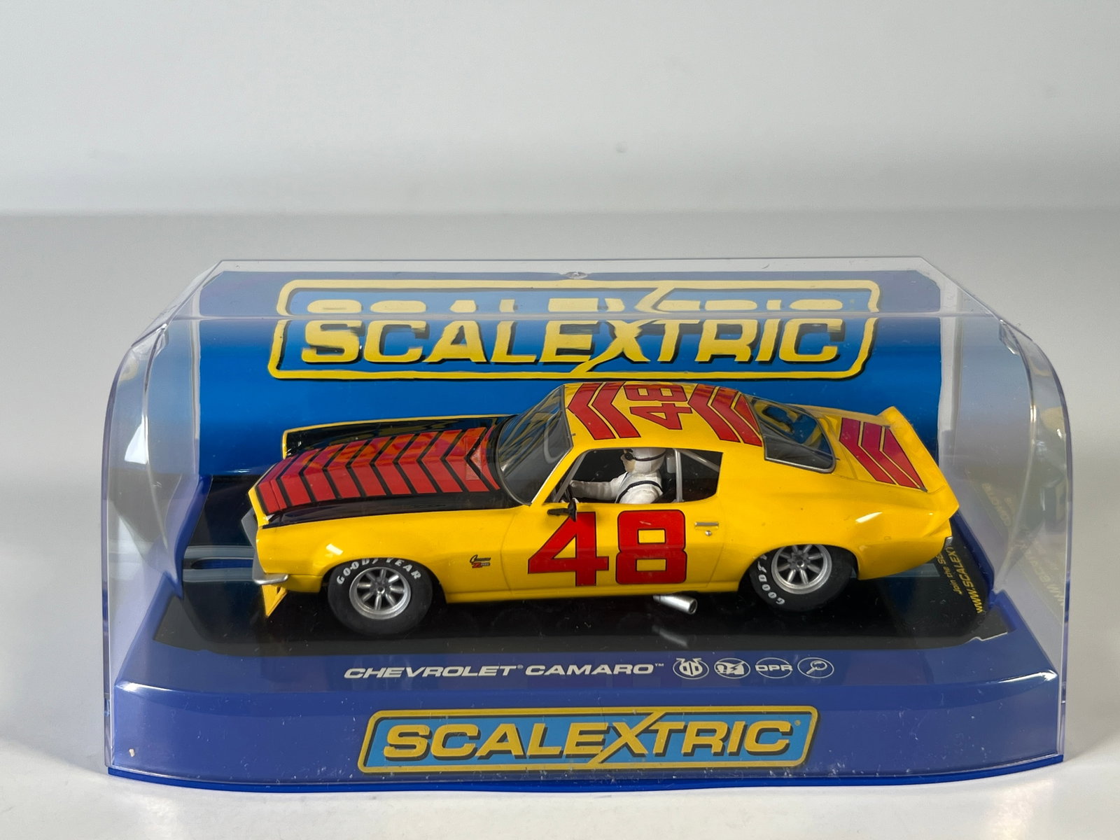Scalextric Chevrolet Camaro 1970 #48 1/32 Slot Car: Scalextric Chevrolet Camaro 1970 #48 1/32 Slot Car. Reference #C3219, with original case. Case measures 7.5 inches in length. Car weight is 8.2 oz.