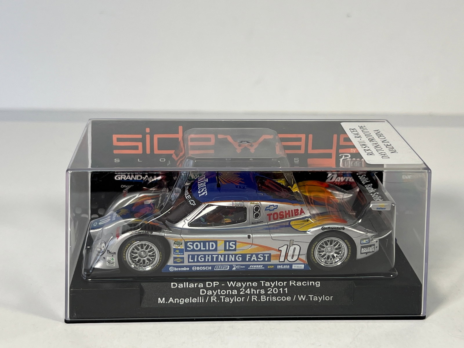 Sideways Dallara DP Wayne Taylor Racing Daytona 24hrs 2011 1/32 Slot Car: Sideways 1/32 scale slot car, Dallara DP - Wayne Taylor Racing Daytona 24hrs 2011. Car number 10. M. Angelilli / R. Taylor / R. Briscoe / W. Taylor. 