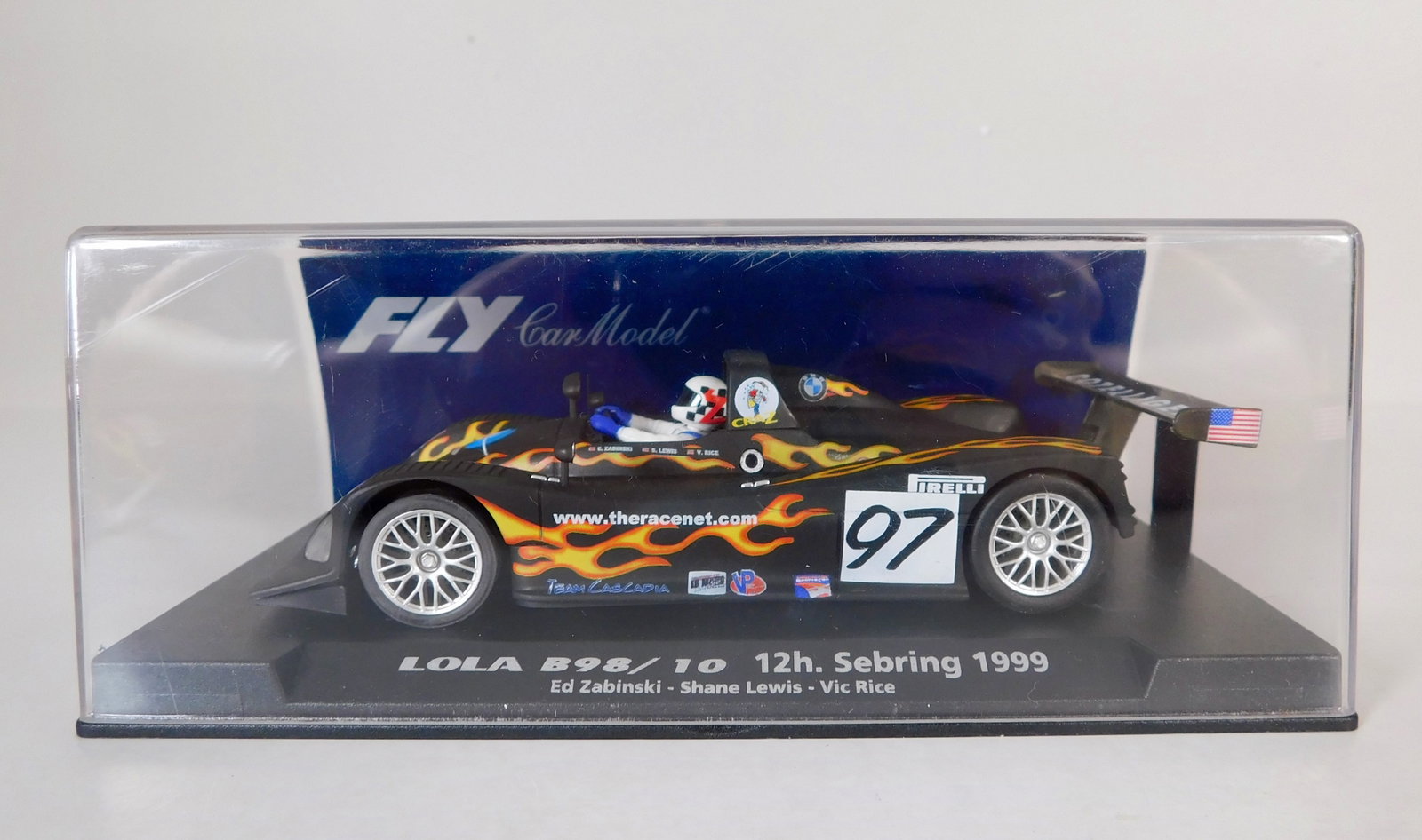 Fly Car Model Lola B98/10 12h Sebring 1999 #97 1/32 Slot Car: Fly Car Model Lola B98/10 12h Sebring 1999 Zabinski - Lewis - Rice #97 Cotelligent 1/32 Slot Car, A-506. Reference #88066, with original case. Weight: 6.2 oz.