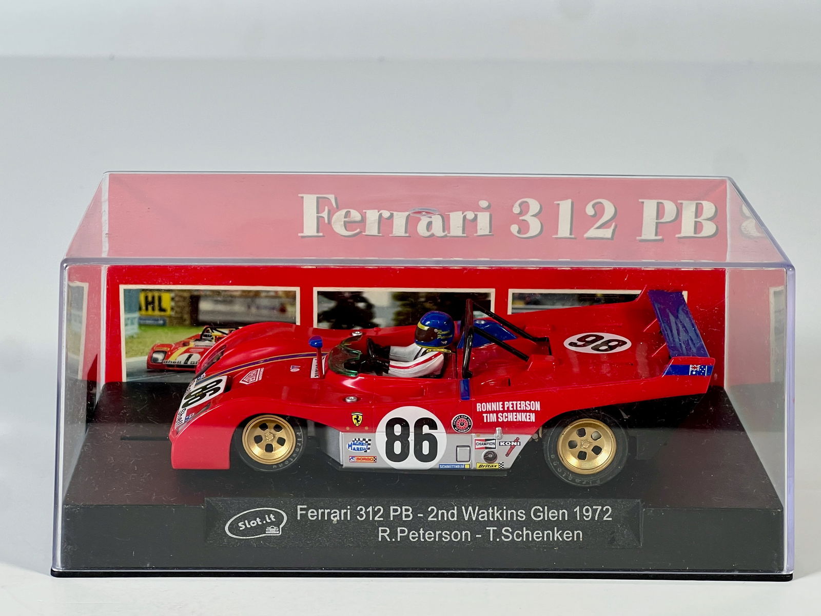 Slot.it Ferrari 312 PB 2nd Watkins Glen 1972 #86 1/32 Slot Car: Slot.it Ferrari 312 PB - 2nd Watkins Glen 1972 Peterson - Schenken #86 Shell 1/32 Slot Car, with original case. Case length approximately 6.5 inches, weight 7 oz.