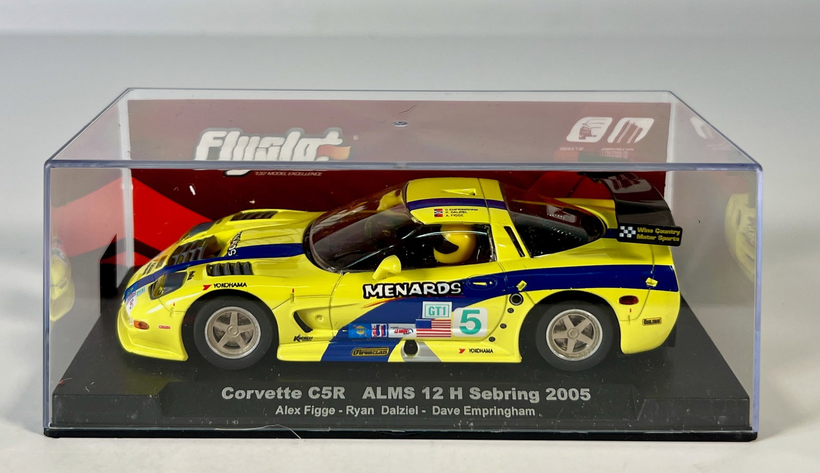 Fly Slot Corvette C5R ALMS 12 H Sebring 2005 #5 1/32 Slot Car: Fly Slot Corvette C5R ALMS 12 H Sebring 2005 Figge - Dalziel - Empringham #5 Menards 1/32 Slot Car. Reference #015201, with original case. Weight: 7 oz.