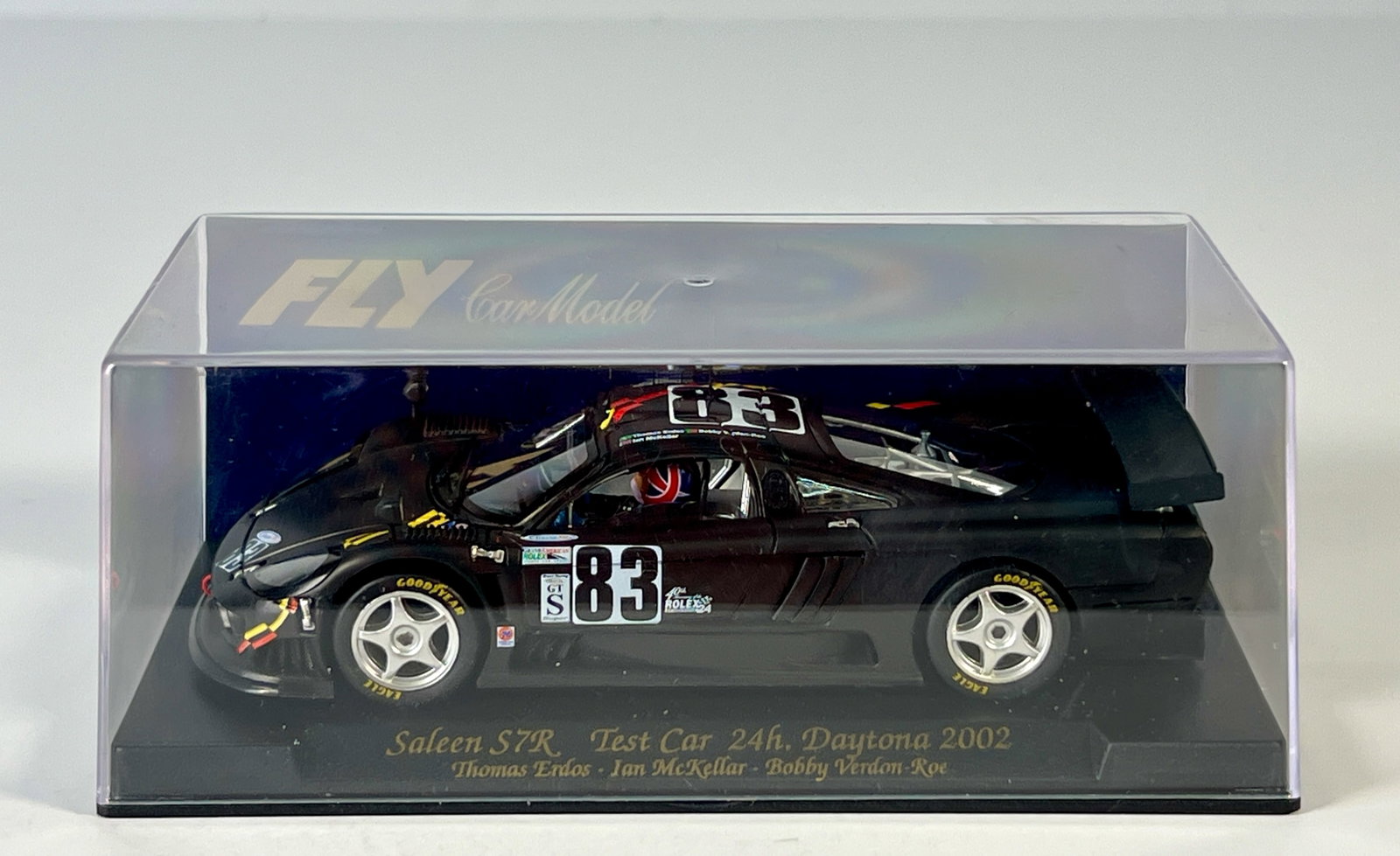 Fly Car Model Saleen S7R Test Car 24h Daytona 2002 #83 1/32 Slot Car: Fly Car Model Saleen S7R Test Car 24h Daytona 2002 Erdos - McKellar - Roe #83 1/32 Slot Car, E-261. Reference #96002, with original case. Weight: 7.1 oz.