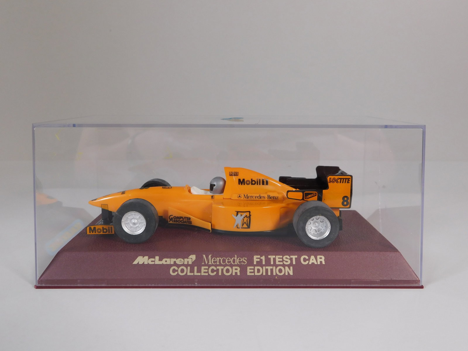 Scalextric McLaren Mercedes F1 Test Car #8 1/32 Slot Car: Scalextric McLaren Mercedes F1 Test Car #8 Mobil 1 1/32 Slot Car. Reference #C.2204A, with original case. Weight: 7.1oz.