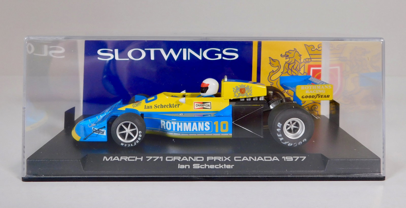Slotwings March 771 Grand Prix Canada 1977 #10 1/32 Slot Car: Slotwings March 771 Grand Prix Canada 1977 Ian Scheckter #10 Rothmans 1/32 Slot Car. Reference #W045-03, with original case. Weight: 5.8oz.