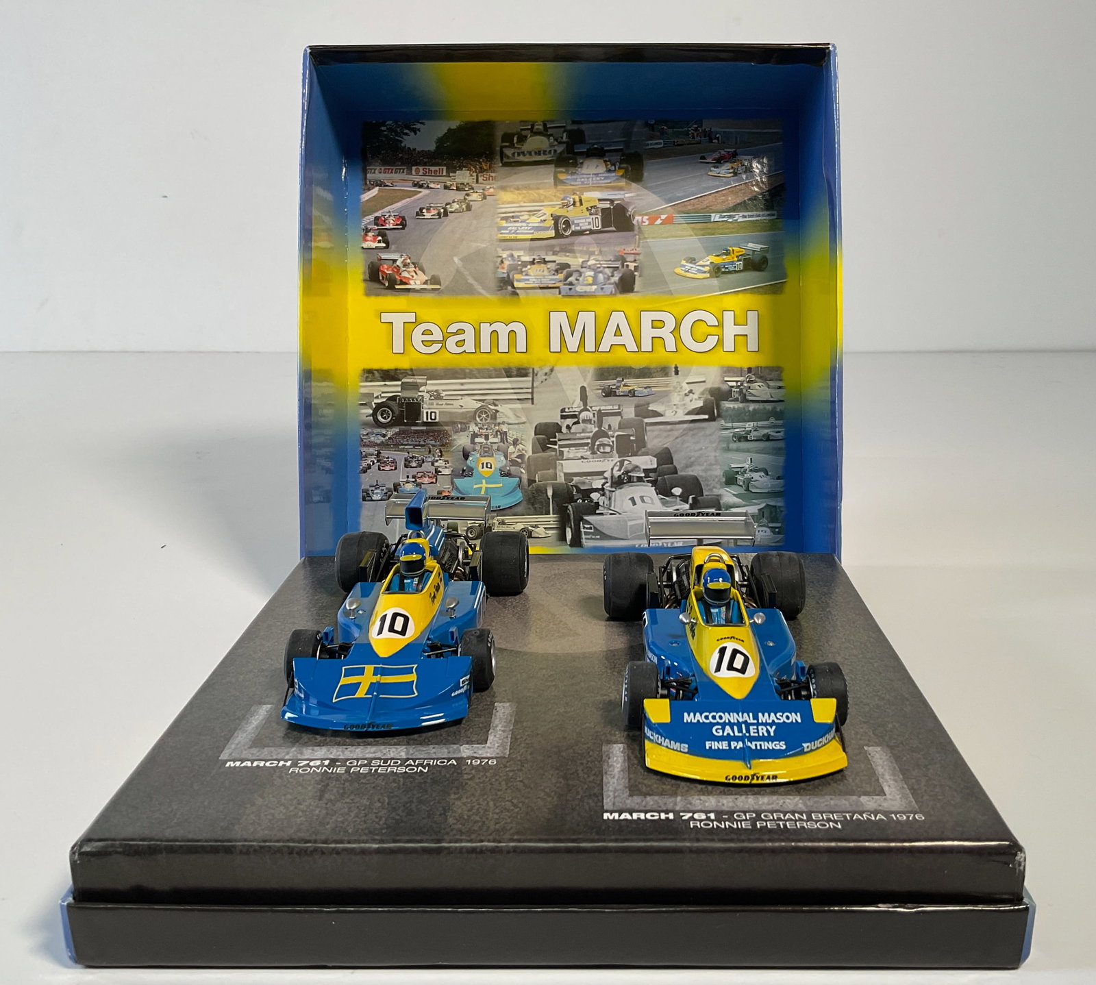 Fly Car Model Team March 1976 #10 1/32 Slot Cars: Double slot car set featuring Team March 761 GP Gran Bretana 1976 Ronnie Peterson #10 1/32; March 761 GP Sud Africa 1976 Ronnie Peterson #10 1/32. Presented in original case. 