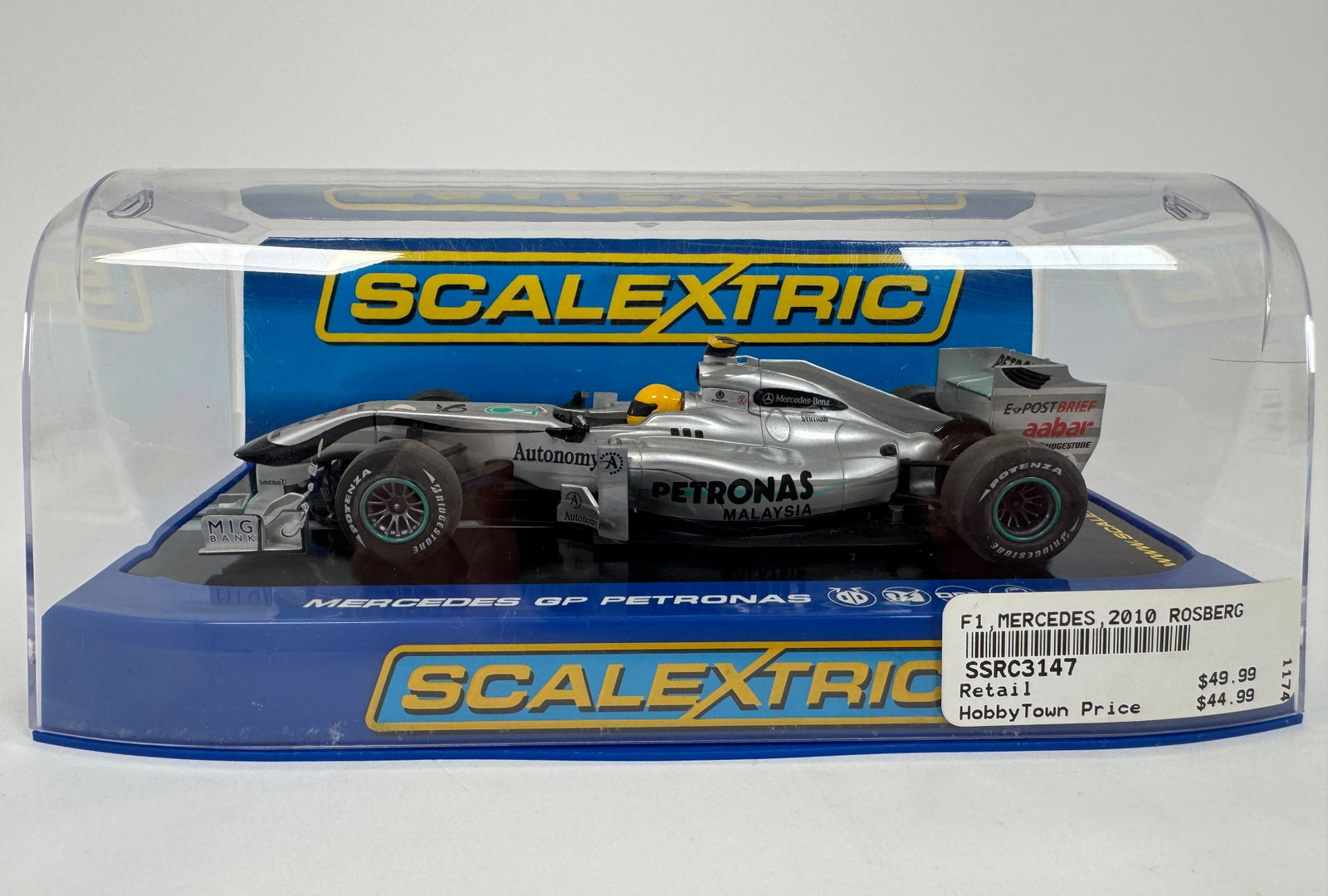 Scalextric F1 Mercedes GP Petronas 2010 1/32 Slot Car: Scalextric model of the Mercedes GP Petronas F1 car driven by Nico Rosberg in 2010. 1/32 slot car in original packaging.