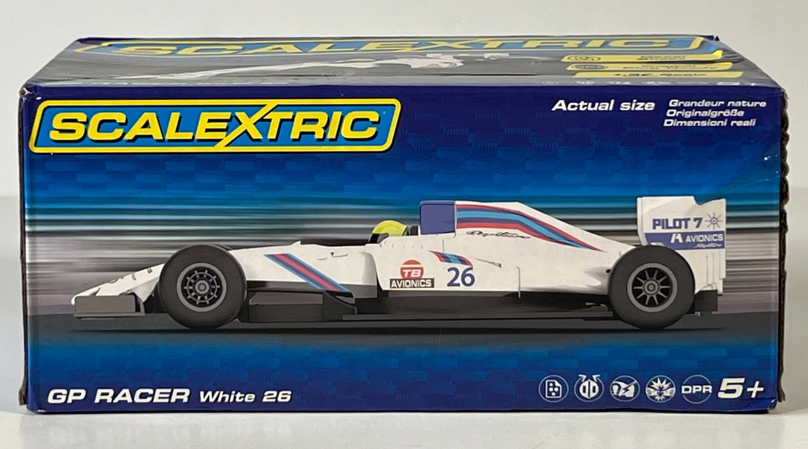 Scalextric GP Racer White #26 1/32 Slot Car: Scalextric GP Racer White #26 Pilot 7 1/32 Slot Car, with original case. Case length: 7 inches. Weight: 7 oz. 