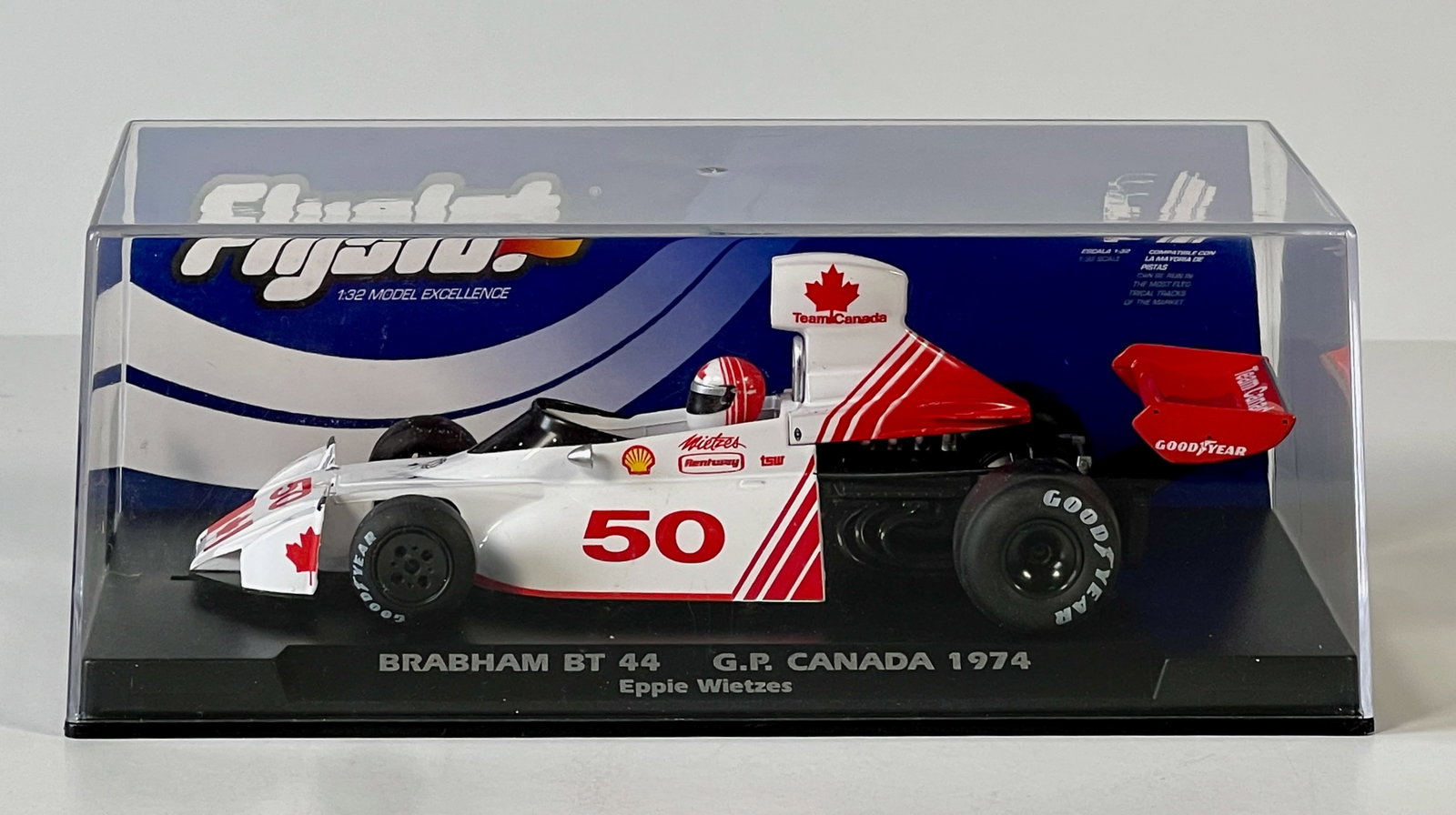 Flyslot Brabham BT44 GP Canada 1974 #50 1/32 Slot Car: Flyslot Brabham BT44 GP Canada 1974 Eppie Wietzes #50 1/32 Slot Car. Reference #062105, with original case. Case length: 6.5 inches. Weight: 5 oz.