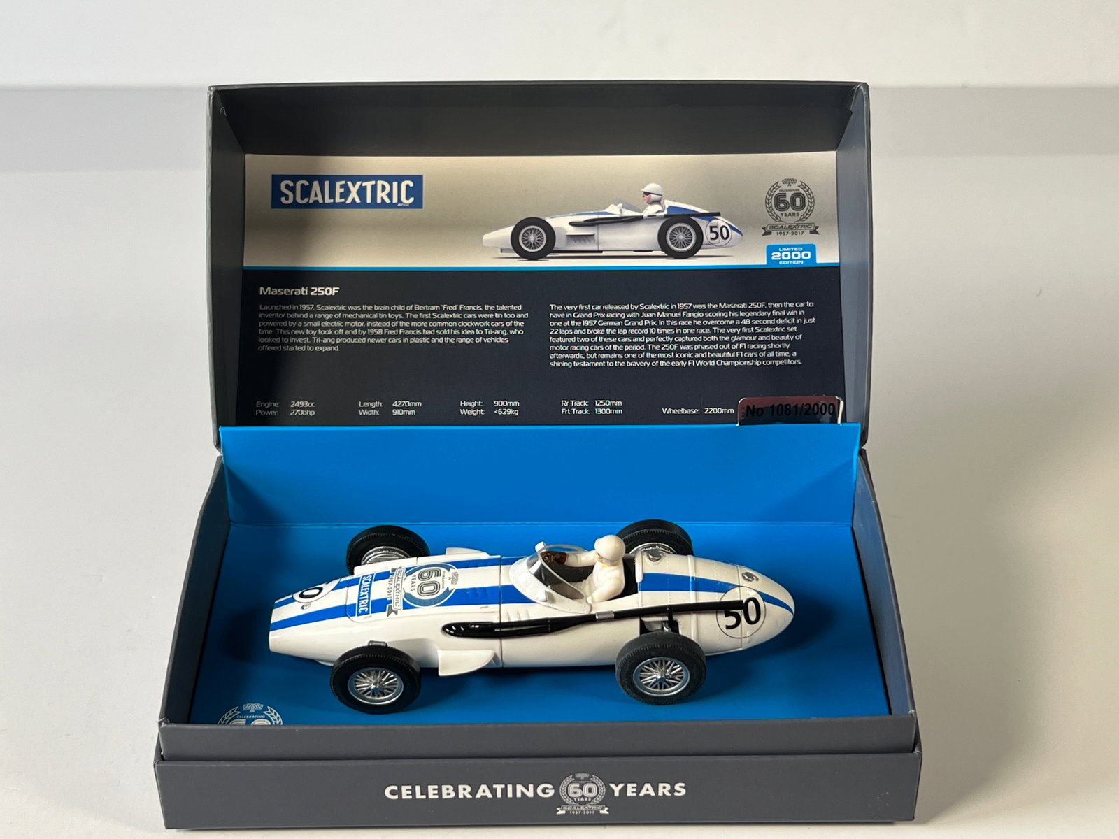 Scalextric 1950 Maserati 250F #50 1/32 Slot Car: Scalextric 1950 Maserati 250F #50 Celebrating 60 Years 1/32 Slot Car, with original case. Case length: 7.25''. Weight: 7oz.