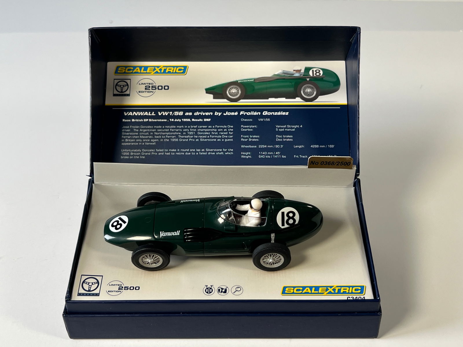 Scalextric Legends Vanwall VW1/56 #18 1/32 Slot Car: Scalextric Legends Vanwall VW1/56 driven by Gonzalez #18 1/32 Slot Car. Reference #C3404, with original case. Weight: 7 oz. Limited edition 0368/2500.