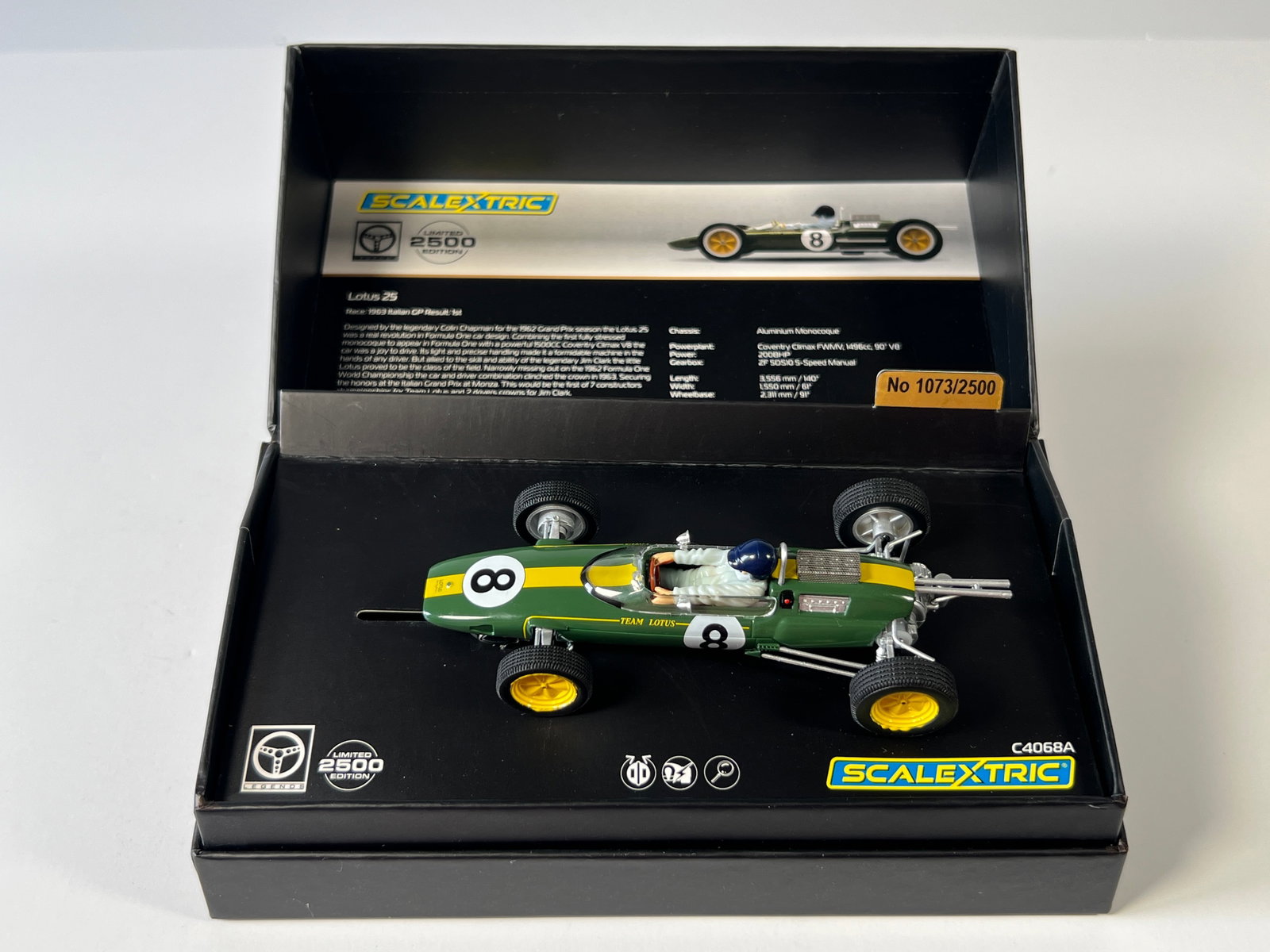 Scalextric Legends Lotus 25 #8 1/32 Slot Car: Scalextric Legends Lotus 25 #8 1/32 Slot Car. Reference #C4068A, with original case. Weight: 6 oz. Limited edition 1073/2500
