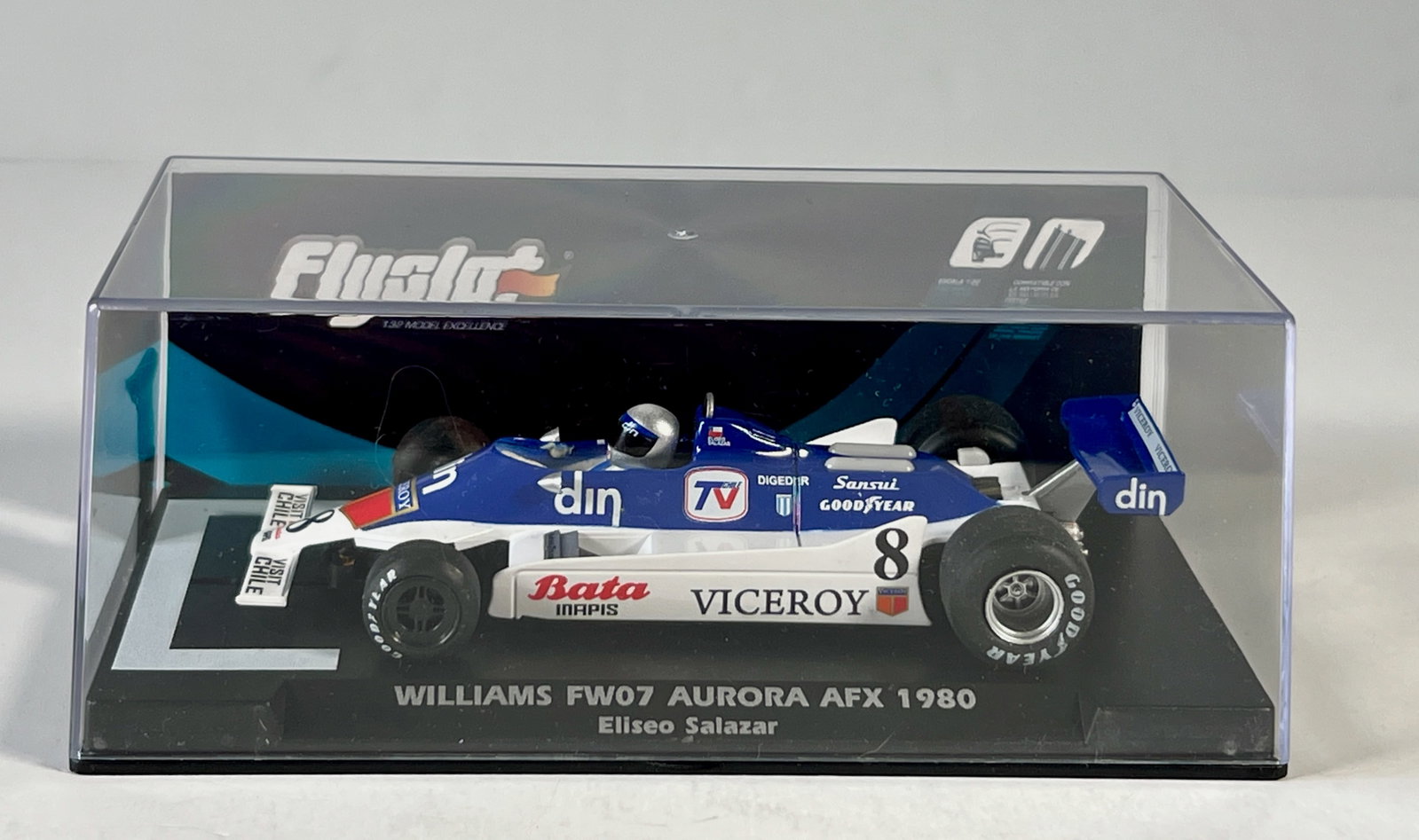 Flyslot Williams FW07 Aurora AFX 1980 #8 1/32 Slot Car: Flyslot Williams FW07 Aurora AFX 1980 Eliseo Salazar #8 Viceroy 1/32 Slot Car. Reference #055303, with original case. Weight: 6 oz.