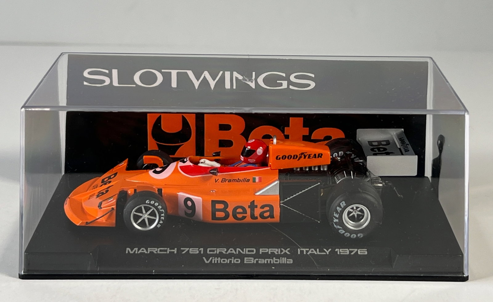 Slotwings March 761 Grand Prix Italy 1976 #9 1/32 Slot Car: Slotwings March 761 Grand Prix Italy 1976 Vittorio Brambilla #9 Beta 1/32 Slot Car, with original case. Weight: 6 oz.