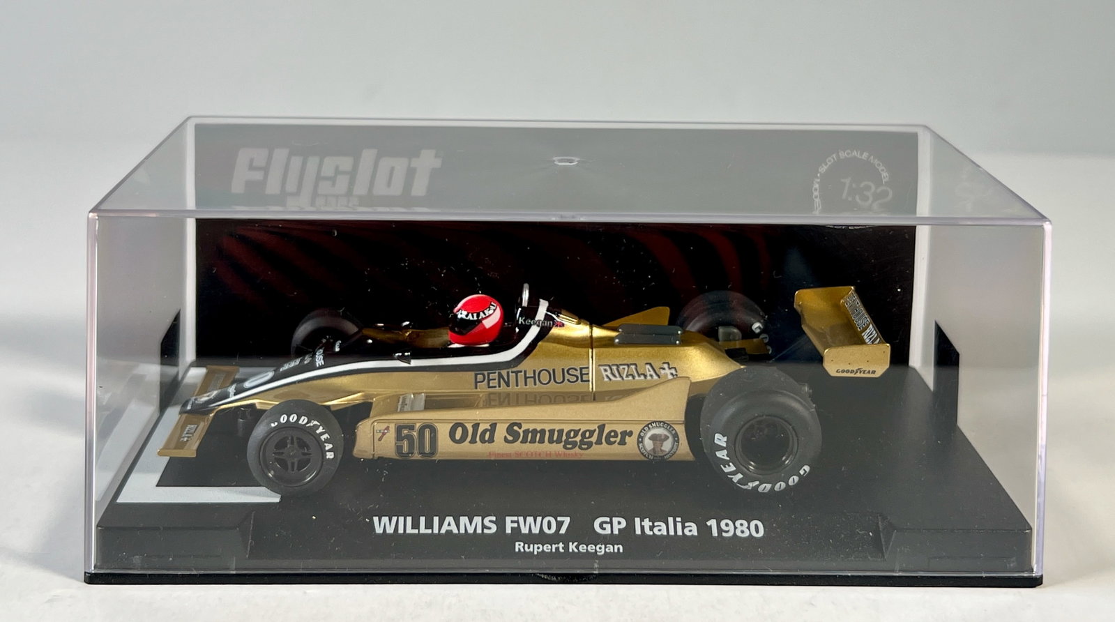 Flyslot Williams FW07 GP Italia 1980 #50 1/32 Slot Car: Flyslot Williams FW07 GP Italia 1980 Rupert Keegan #50 Old Smuggler 1/32 Slot Car. Reference #F01103, with original case. Weight: 6 oz.