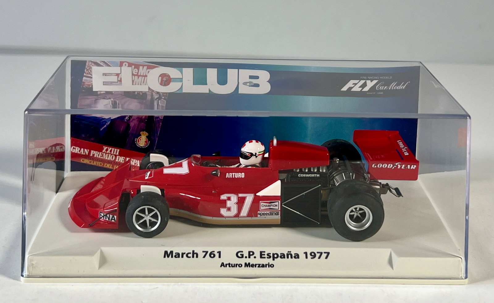 Fly Car Model El Club March 761 GP España 1977 #37 1/32 Slot Car: Fly Car Model El Club March 761 G.P. España 1977 Arturo Merzario #37 Good Year 1/32 Slot Car. Reference #99136, with original case. Weight: 6 oz. 