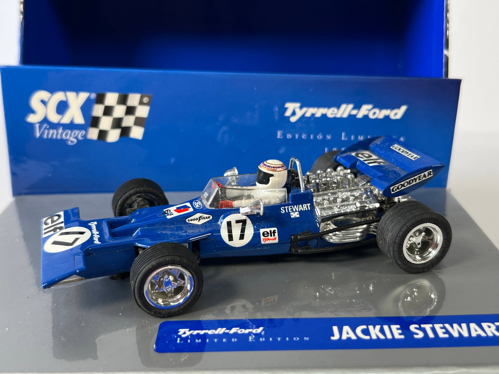 SCX Vintage Tyrrell-Ford Jackie Stewart Limited Edition #17 1/32 Slot Car: SCX Vintage Tyrrell-Ford Jackie Stewart Limited Edition #17 Elf 1/32 Slot Car, with original case. Weight: 13 oz.