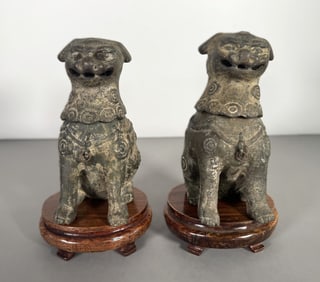 Pair of Antique Bronze Foo Dog Sculptures