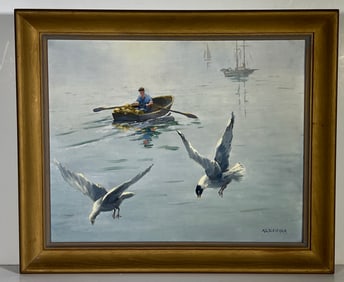 Robert Sleicher Oil on Canvas, Man in Rowboat with Seagulls