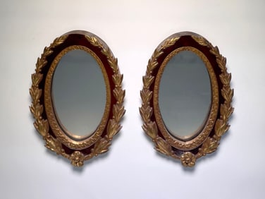 Pair of Antique Oval Wall Mirrors with Gilt Laurel Leaf Frames