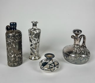 Group of Four Silver Overlay Glass Bottles