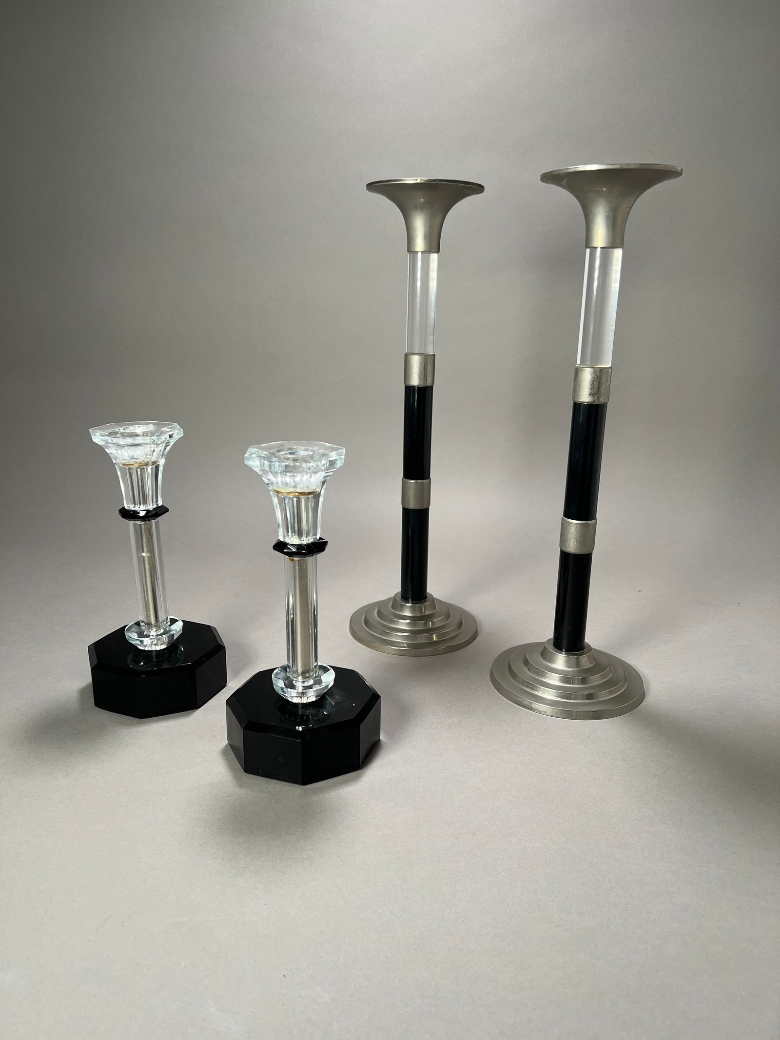Two Sets of Art Deco Style Candlesticks: Two sets of Art Deco style candlesticks. Tallest: 15.5" tall