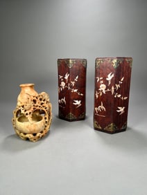 Chinese Soapstone Vase & Pair of Inlaid Brush Pots