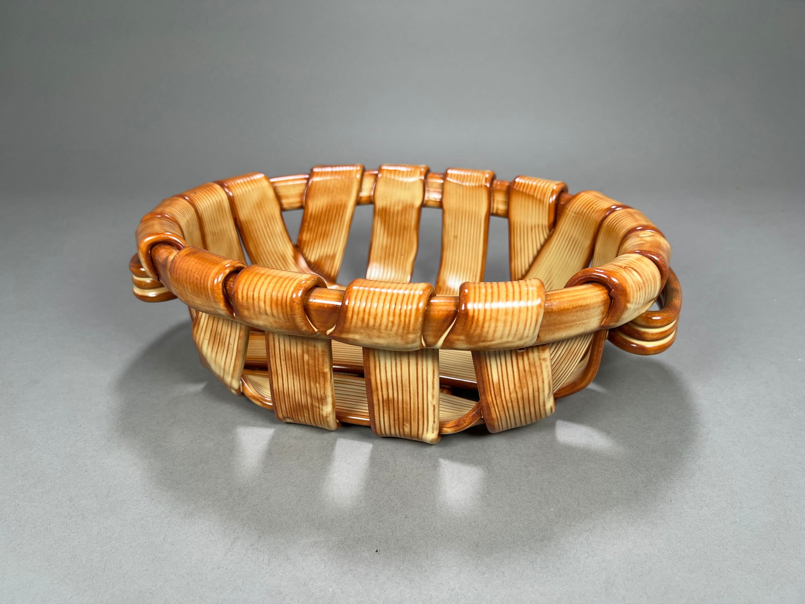 Glazed Italian Ceramic Basket Weave Bowl with Handles (1 of 7)