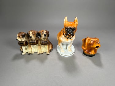 Three Vintage Dog Figurines: St. Bernard Bank, French Bulldog, Dog Pitcher