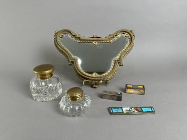 Antique Vanity Set with Mirror, Bottles & Boxes