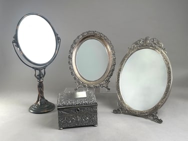 Antique Silver Plated Vanity Set: Mirrors & Box