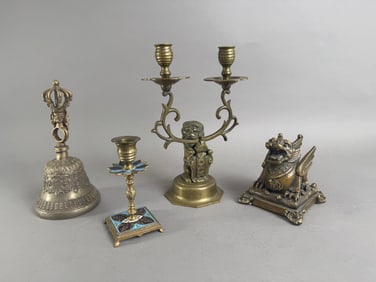 Collection of Metal Decorative Items: Bell, Candelabras, Figurine