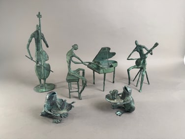 Bronze Jazz Band and Frog Sculpture Set