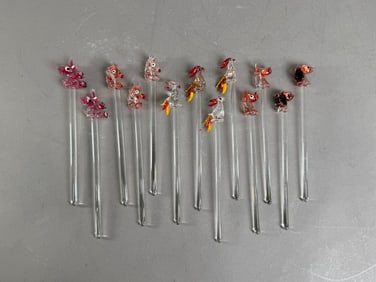 Set of 13 Glass Cocktail Stirrers with Animal Figures