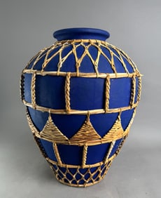 Blue Ceramic Vase with Woven Design