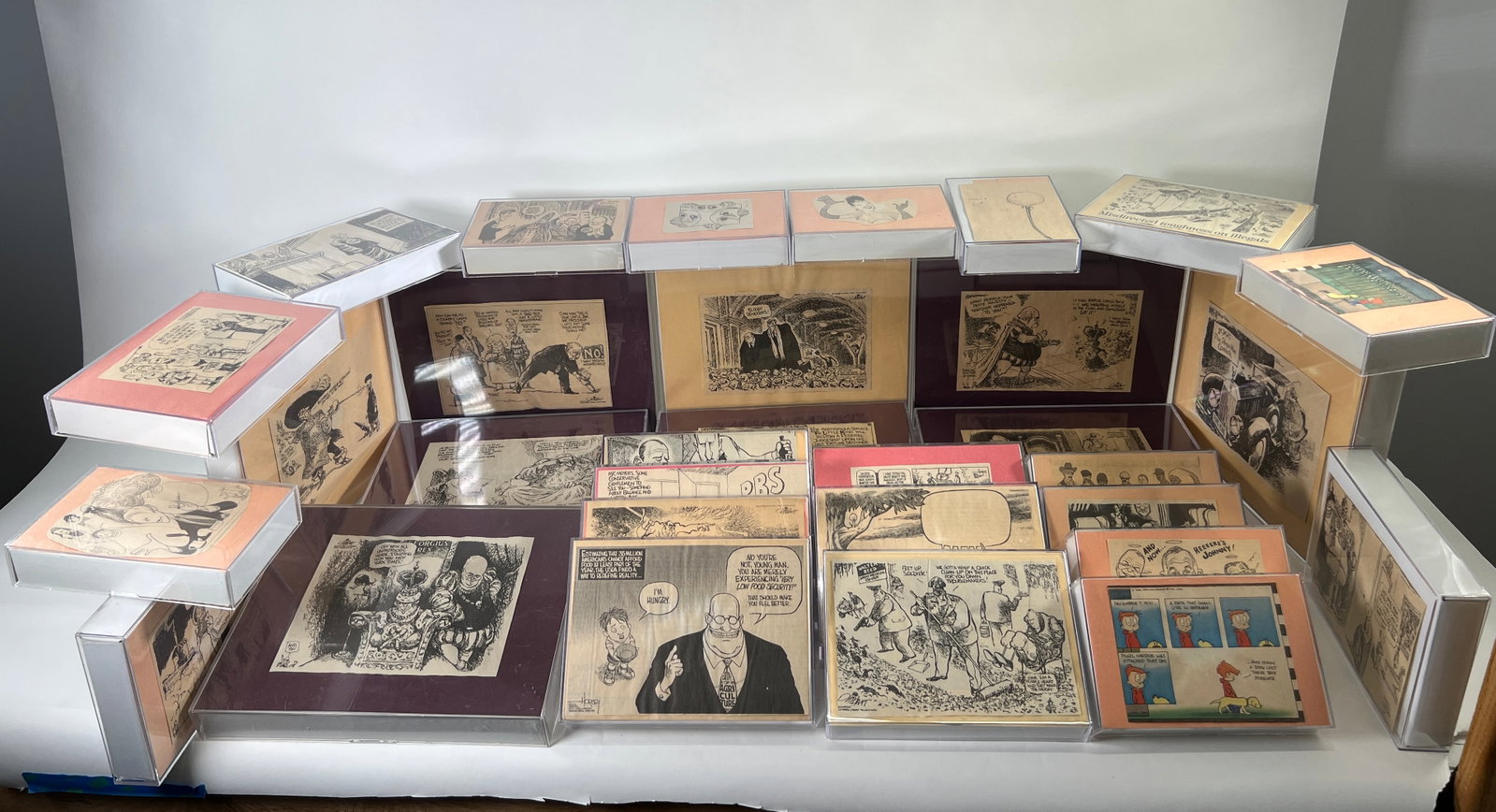 Collection of Newspaper Cartoons, Various Sizes: Collection of original newspaper cartoons. Each cartoon is presented in a protective sleeve or frame.
