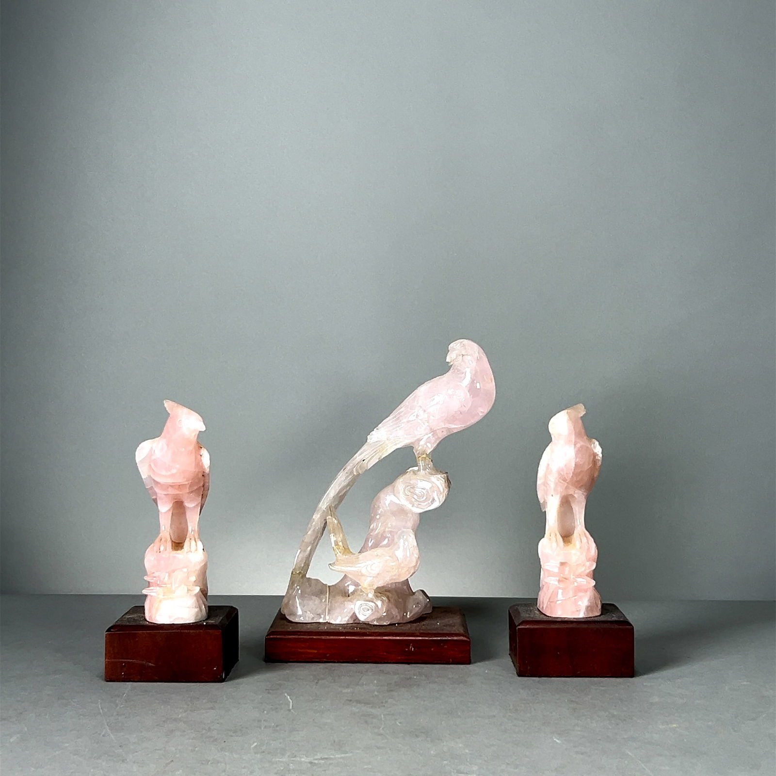 Rose Quartz Bird Sculptures, Set of Three (1 of 9)
