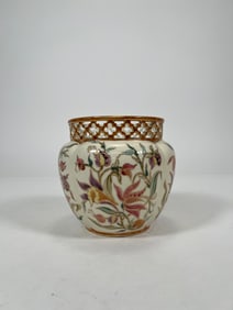 Zsolnay Hungary Hand-Painted Porcelain Vase, Lattice Rim